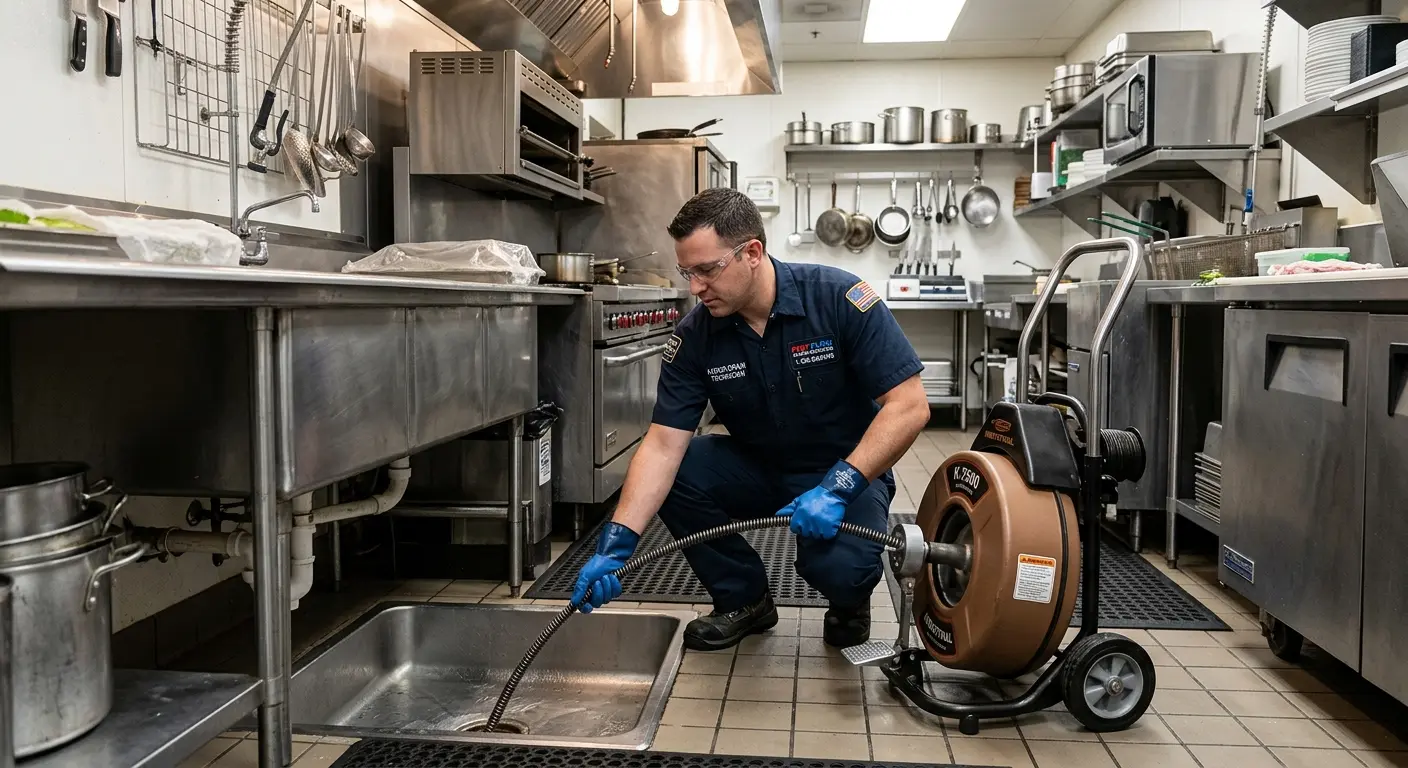 Commercial drain cleaning service in a restaurant kitchen in Woodridge