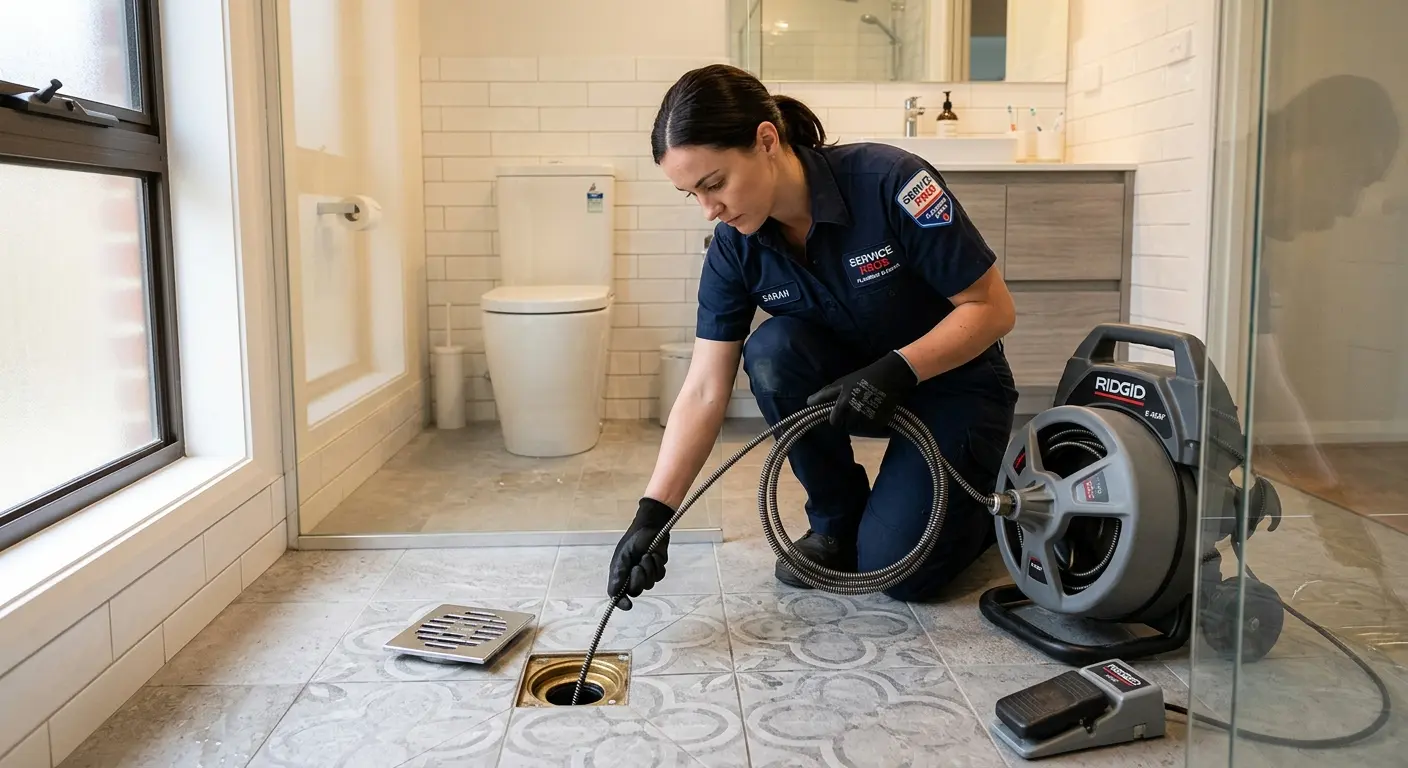 Technician clearing a bathroom floor drain for Sewer Line Installation in Woodridge